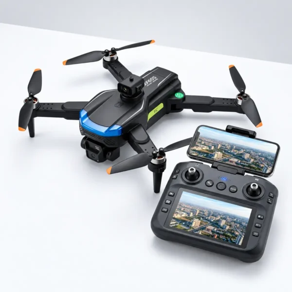 Dron XF605 sa raširenim kracima pored daljinskog upravljača sa ekranom i postavljenim telefonom