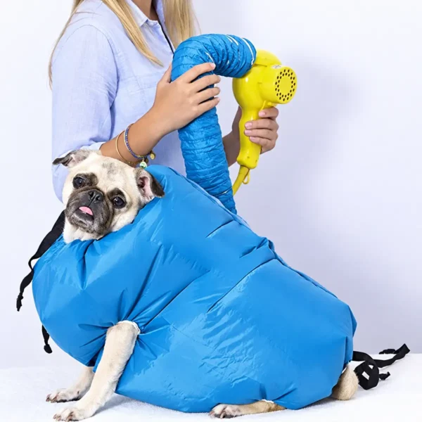 Mops u plavoj vreći za sušenje dok osoba drži žuti fen uz kraj creva