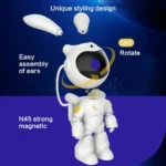 Beli projektor u obliku zeke astronauta, sa odvojenim ušima i strelicama koje prikazuju rotaciju glave