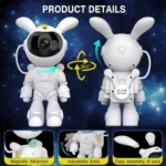 Beli projektor u obliku zeke astronauta prikazan je spreda i otpozadi, uz detalje glave, ruku i ušiju